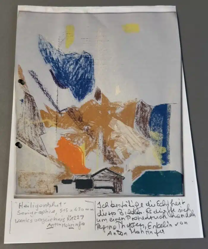 Anton Mahringer (Neuhausen, Württemberg, 1902 – 1974 Villach)  Farbsiebdruck 82 x 73 cm Blatt 52 x 43 cm Echtheitsbestätigung von Regina Thyssen – Bild 6