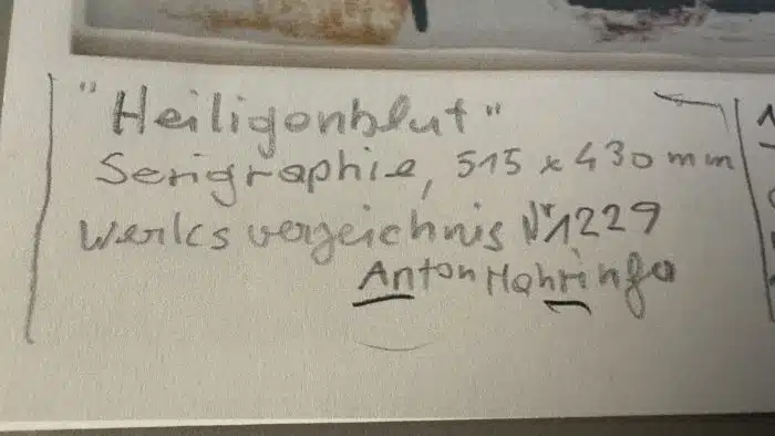 Anton Mahringer (Neuhausen, Württemberg, 1902 – 1974 Villach)  Farbsiebdruck 82 x 73 cm Blatt 52 x 43 cm Echtheitsbestätigung von Regina Thyssen – Bild 7