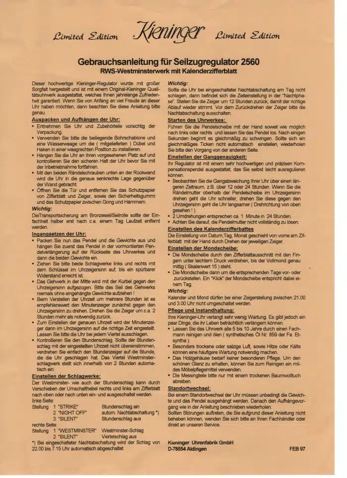 Kieninger Wandpendeluhr, Limitierte Auflage Nr. 365 - mit Zertifikat siehe Bilder – Bild 16
