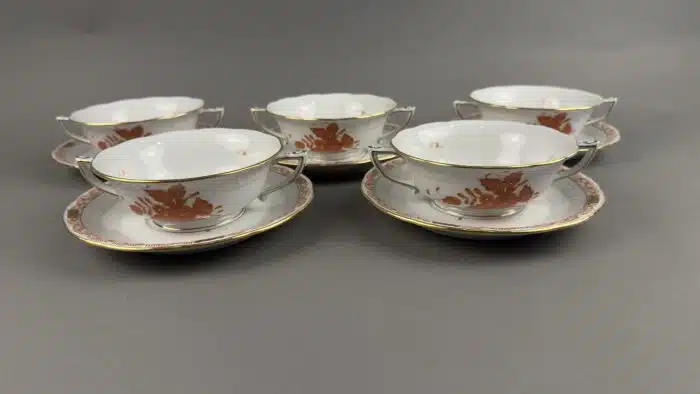 Herend - 5 gehenkelte Suppenschalen mit 5 Untertassen blaue Marke,  Dekor Apponyi Orange – Bild 2