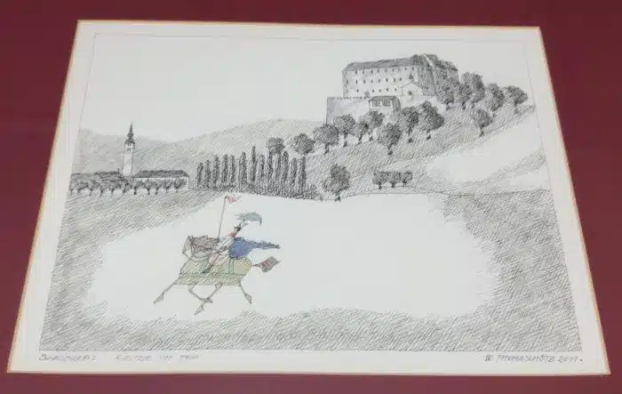 Werner Thomaschütz (Grades 1950 geb.) Bleiburg - Reiter um 1900 signiert W. Thomaschütz, datiert 2001, Tusche, aquarelliert, 24 x 32 cm, gerahmt, verglast, Gesammt 68x60 cm