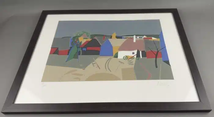 Karl Korab (Falkenstein 1937 geb.) " Dorf " signiert u. datiert (19)99 Farbserigraphie auf Bütten - 69/150 Darstellungsgröße ca. 50x35 cm, verglast, gerahmt, Gesammt  70x55 cm – Bild 2
