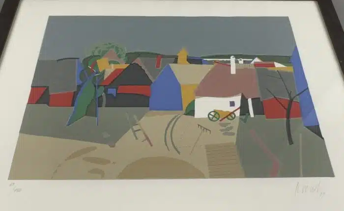 Karl Korab (Falkenstein 1937 geb.) " Dorf " signiert u. datiert (19)99 Farbserigraphie auf Bütten - 69/150 Darstellungsgröße ca. 50x35 cm, verglast, gerahmt, Gesammt  70x55 cm