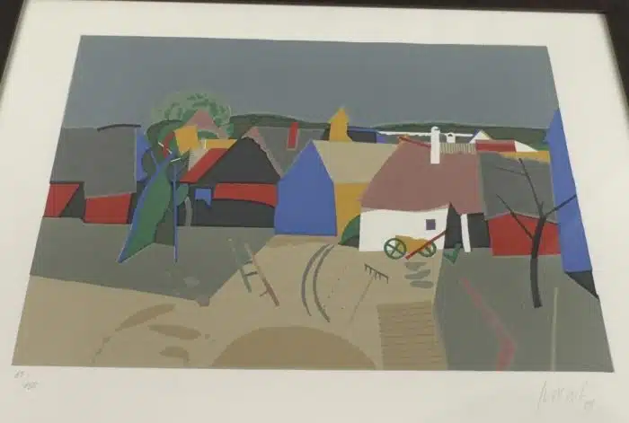 Karl Korab (Falkenstein 1937 geb.) " Dorf " signiert u. datiert (19)99 Farbserigraphie auf Bütten - 69/150 Darstellungsgröße ca. 50x35 cm, verglast, gerahmt, Gesammt  70x55 cm – Bild 6