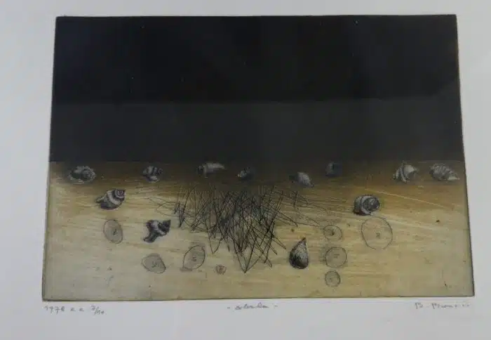 Radierung - unleserlich signiert,  56x48 cm datiert 1978  -  Ausschnitt 28x20 cm, gerahmt, verglast – Bild 7