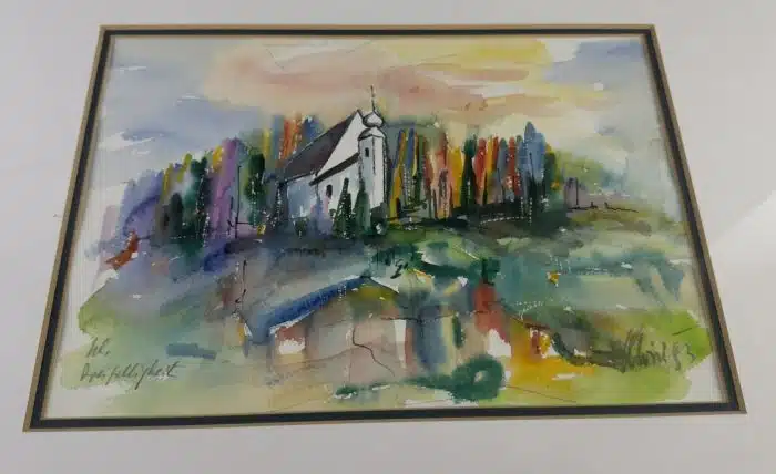 Aquarell, unleserlich signiert, Hl. Dreifaltigkeit - 54x40 cm datiert 19(93)  -  Ausschnitt 32x23 cm, gerahmt, verglast