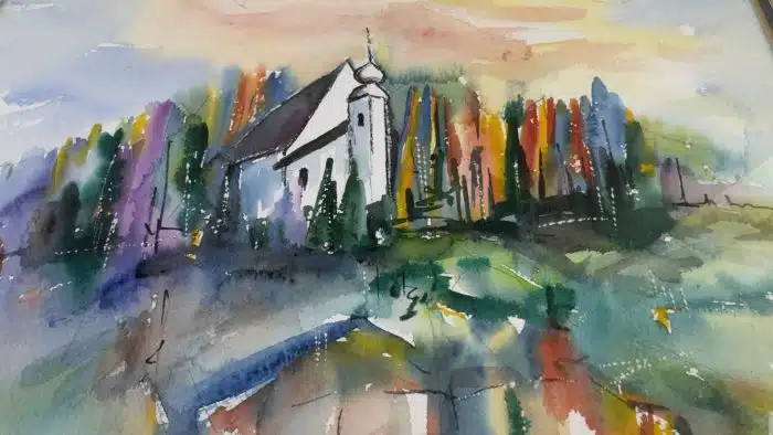 Aquarell, unleserlich signiert, Hl. Dreifaltigkeit - 54x40 cm datiert 19(93)  -  Ausschnitt 32x23 cm, gerahmt, verglast – Bild 6