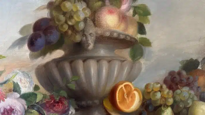 Unbekannter Künstler - Stilleben mit Rosen und Früchten, Öl auf Leinwand, oval, ca. 80 x 103 cm, Ochsenaugenrahmen – Bild 2