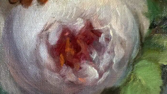 Unbekannter Künstler - Stilleben mit Rosen und Früchten, Öl auf Leinwand, oval, ca. 80 x 103 cm, Ochsenaugenrahmen – Bild 3