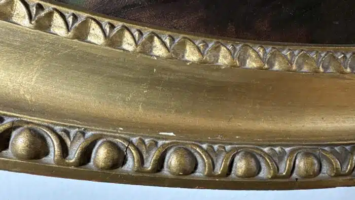 Unbekannter Künstler - Stilleben mit Rosen und Früchten, Öl auf Leinwand, oval, ca. 80 x 103 cm, Ochsenaugenrahmen – Bild 4