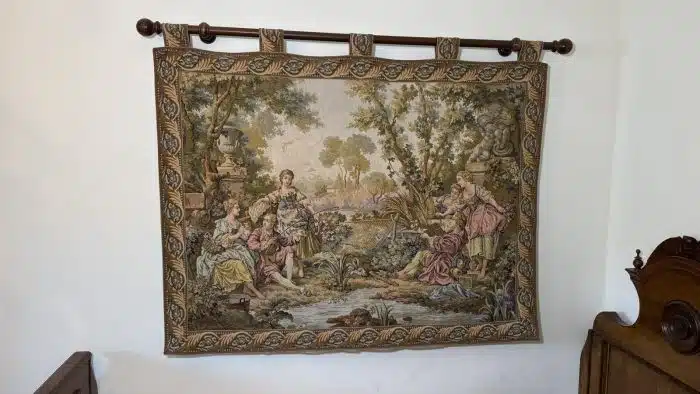 Leinwandgemälde Wandteppich -gewebter Wandteppich Europäische Galantries Szene auf  Holzstange 146x110 Stange 156 cm
