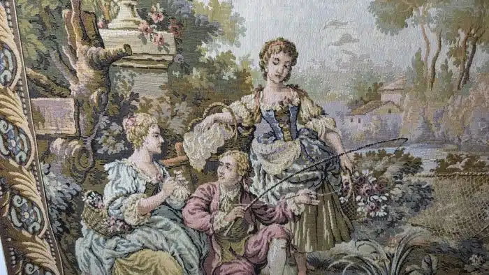 Leinwandgemälde Wandteppich -gewebter Wandteppich Europäische Galantries Szene auf  Holzstange 146x110 Stange 156 cm – Bild 2