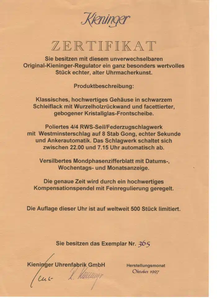 Kieninger Wandpendeluhr, Limitierte Auflage Nr. 365 - mit Zertifikat siehe Bilder – Bild 14